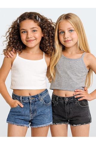 Denokids Kız Çocuk Crop Top 2'li Takım Askılı Gri Beyaz Crop Üst Çok Renkli