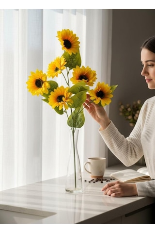 Yapay Çiçek Ayçiçeği Sarı Sunflower Dekoratif Çiçek 75cm 6 K80afalı Sarı