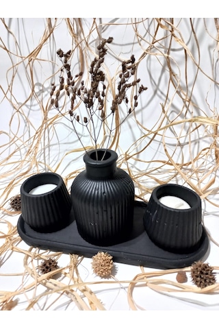 Küp Vazolu Tabaklı Tealight Mumluk Set Siyah