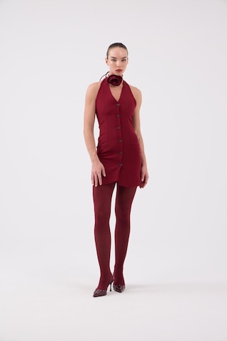 Holly Lolly Gül Aksesuarlı Halter Yaka Düğmeli Mini Becca Elbise Bordo