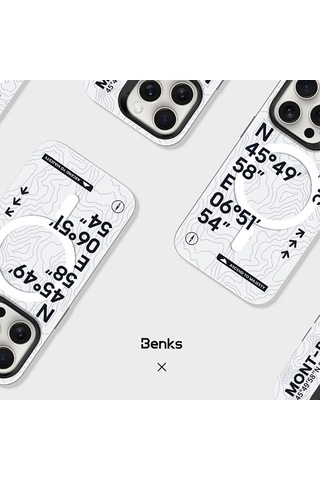 Apple Uyumlu iPhone 15 Pro Kılıf Magsafe Şarj Özellikli Koordinat Yazı Desenli Benks Summit Serisi Beyaz