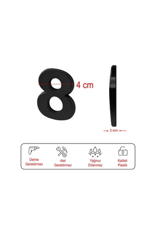 Lexroo Yapışkanlı Kapı Numarası Küçük Boy 50 Mm 5 Cm Numara 8 Rakam Sekiz Sayı Siyah Renk Numaralar Standart
