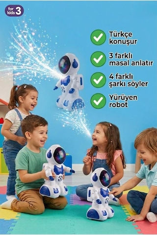 Türkçe Konuşan Sesli Işıklı Müzikli 4 Farklı Şarkı 3 Farklı Masal Söyleyebilen Yürüyen Oyuncak Robot