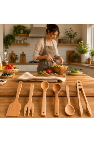 6 Parça Mutfak Spatula Ve Kaşık Seti Doğal Ahşap Çizilmez Yapışmaz Tencereye Uyumlu Kaşıklık Hediyeli