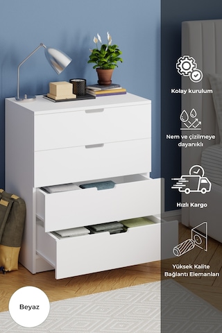 Lento 4 Çekmeceli Şifonyer Yatak Odası Bebek Odası Beyaz Beyaz
