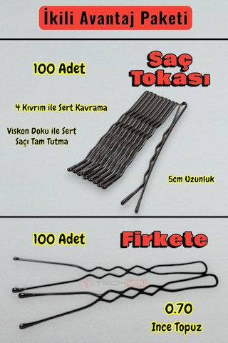 Technow 100 Adet Tel Saç Tokası+100 Adet 0.70 Saç Firketesi Toplam 200 Adet Siyah
