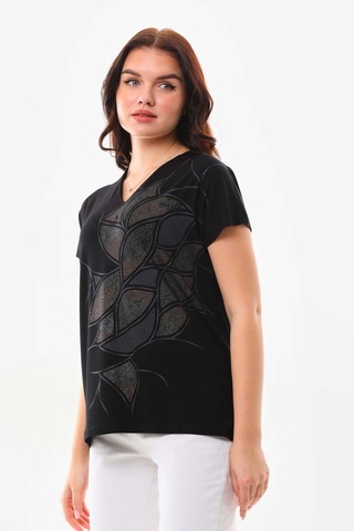 Sistas Kadın Simli Baskılı V Yaka Kısa Kol Bluz 23296 Siyah