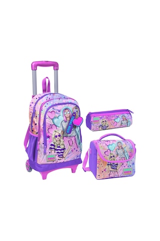 Coral High Pembe Mor Fashion Girl Üçlü Çekçek Işıklı Tekerlekli Çanta Seti - Kız Çocuk