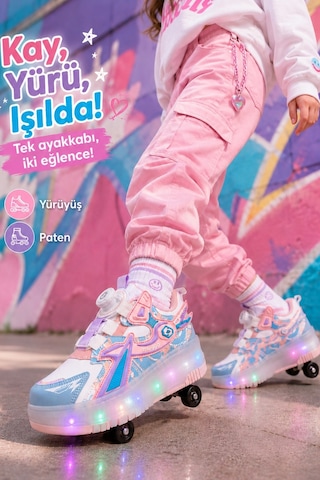 Muggo Pato Çocuk Işıklı Patenli Tekerlekli Sneaker Spor Ayakkabı Pudra
