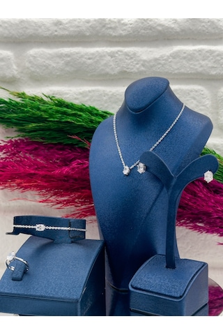 925 Ayar Gümüş Zirkon Taşlı Oval Model 4 Lü Popüler Kadın Takı Seti Gümüş