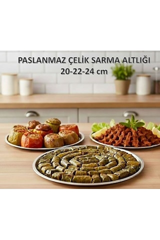 Paslanmaz Çelik Metal Dolma - Sarma Altlığı 20-22-24 Cm, Pratik Dolma Altlığı, 3'lü Set Gri