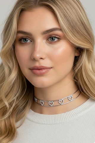Caş Dekorasyon Gümüş Renk Kalpli Taşlı Choker Kolye Gümüş