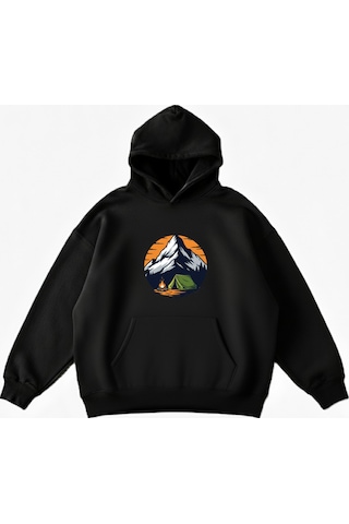 Maki Home Makiteks Siyah Pamuklu Unisex Kanguru Cepli Kapüşonlu Rahat Kesim Camping Baskılı Sweatshirt SiYAH