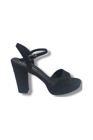 Erbay 321-26 Simli İşlemeli Saten Tek Bant Kalın Topuk Kadın Sandalet 11cm Siyah