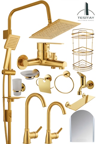 Lüks Mutfak Lavabo Banyo Bataryası Robot Duş Seti Aynalı Aksesuar Takımı Gold Renk Altın