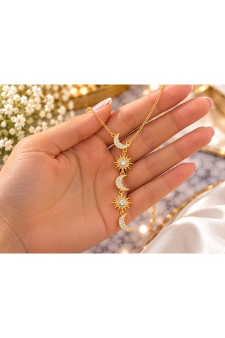 Terragolds Çelik Zirkon Taşlı Güneş Ve Ay Model Gold Renk Kadın Kolye - Bko10548 Altın