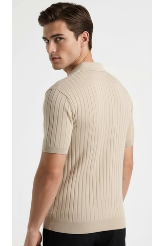 Erkek Polo Yaka Slim Fit Triko Tişört Dikey Çizgili Modern Yazlık Triko Bej