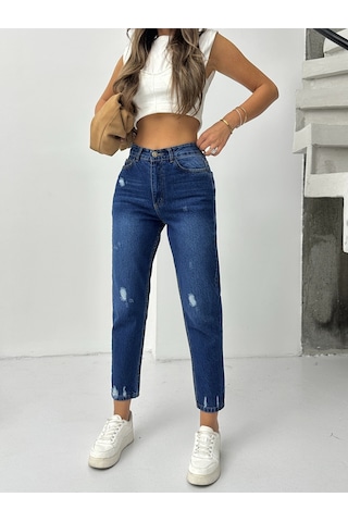 Blue Marlın Kadın Lacivert İşlemli Mom Jeans Lacivert