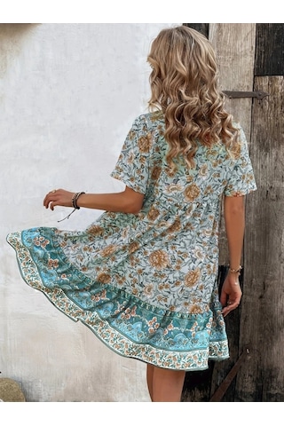 Kadın Kısa Kollu Yakası Bağcıklı Önden Düğmeli Fırfır Desenli Süprem Elbise Mavi