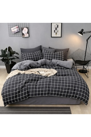 Tek Kişilik Nevresim Takımı 160x220cm 2 Yastık Kılıfı Lastikli Çarşaflı 100x200+30 Geometrik Desen Gri