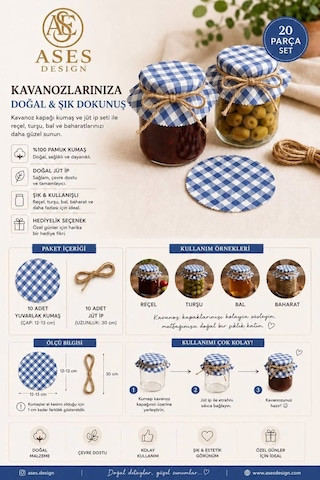 Mavi Pötikare Kavanoz Kapağı Süsleme Seti 20 Parça 10 Kumaş 10 Jüt İp