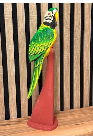 El Yapımı Ahşap Papağan Heykeli Kütük Üzeri El Oyması & El Boyaması Dekor 45 Cm Özel Üretim Myk Hediye Ve Sanat
