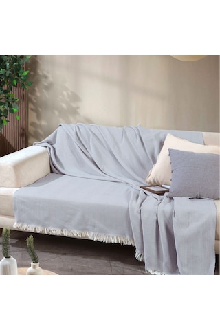 170 210 Cm Pamuklu Önden Saçaklı 170x210 Koltuk Örtüsü 2'li Paket Açık Gri