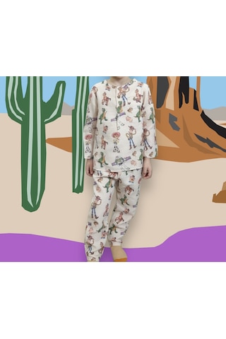 Lolliboomkids Erkek Çocuk Müslin Kumaş Düğmeli Pijama Takımı Pastel Renk Ev Giyim - Pamuklu Kovboy Çok Renkli