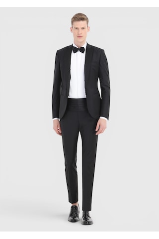 Ramsey Siyah Düz Fashion Slim Fit Kruvaze Yaka Dokuma Smokin Takım Elbise