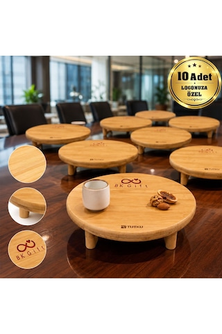 Logonuza Özel 10 Adet Ayaklı Bambu Sunumluk 24x24x6,5 Cm Kurumsal Sunum Tepsisi Bej
