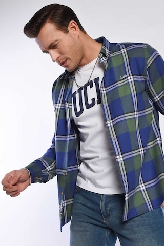Ucla Lark Koyu Lacivert Nakışlı Ekoseli Standard Fit Erkek Gömlek Koyu Lacivert