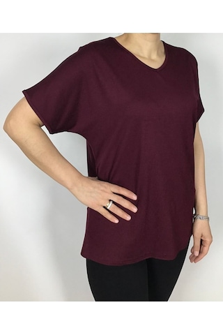Kısa Kol V Yaka Likralı Düz Penye Bluz Bordo