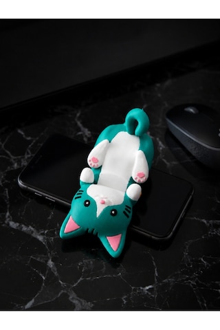 Yeşil Kedi Figürlü Telefon Tutucu Stand - 3d Baskı Ofis Masaüstü Aksesuarı Ve Biblo