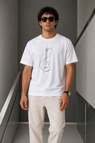 Vexor Erkek Minimal Gitar Baskılı Tişört T-shirt Yazlık Kısa Kol Bisiklet Yaka T-shirt - Beyaz Çok Renkli