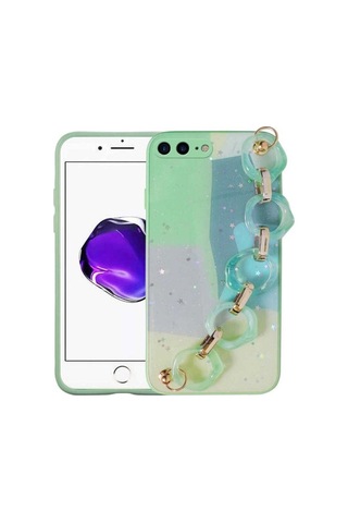 Apple Uyumlu iPhone 7 Plus Kılıf Simli Desenli El Askılı Tutacaklı Zore Elsa Silikon Kapak Yeşil