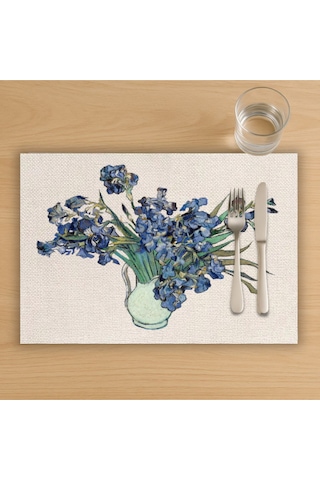 Vazoda İrisler Tasarımlı Amerikan Servis, Tabak Altlığı & Şık Masa Dekoru, Ev Hediyesi, 2 Adet Krem