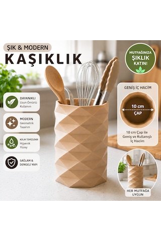 Geometrik Tasarımlı Mutfak Kaşıklığı Organizeri 10 Cm Çap Geniş İç Hacimli Tezgah Üstü Kaşıklık Bej