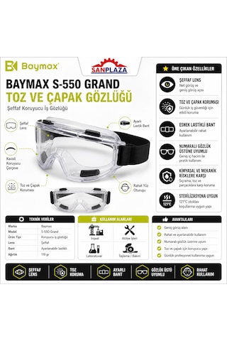Baymax S550 Standart Şeffaf Toz Çapak Koruyucu İş Güvenlik Gözlüğü Uv Polikarbonat 12 Adet