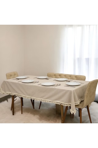 Dnc Home Tekstil Bej Pamuk Keten Ponponlu Masa Örtüsü Bej