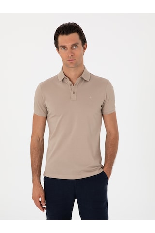 Koyu Bej Slim Fit Polo Yaka Pamuklu Basic T-shirt