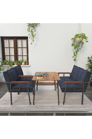 Mygusi Modern Balkon, Bahçe, Cafe - Metal Kanepe Koltuk Takımı - 2+1+1 Masa Lacivert