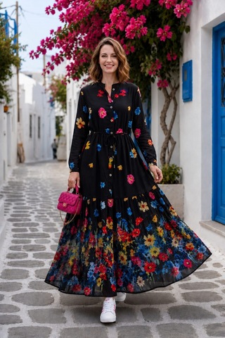 Hb Harma Time Butik Kadın Düğmeli Çiçek Desenli Modal Siyah Elbise