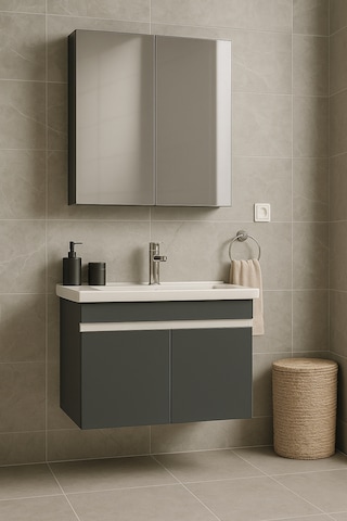 Arista 80 Cm Antrasit Mdf, Seramik Lavabolu, Alt Ve Üst Dolap Antrasit