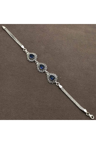 Midyatgümüşnurtaş-Safir Taşlı Damla Model Telkari Gümüş Bileklik
