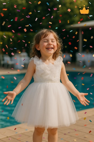 Babyhola 1-5 Yaş Yakası Taşlı Tüllü Özel Tasarım Sırt Detaylı Kız Çocuk Tül Etek Abiye Elbise Düğünlük 6516 Beyaz