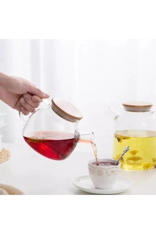 Bambu Kapaklı Isıya Dayanıklı Cam Bitki Çayı Demliği 900 ML