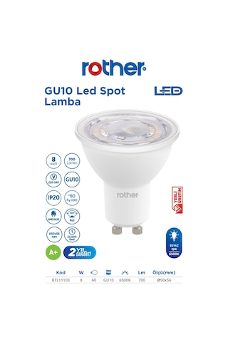 Rtl11103 Rother Gu10 Led Spot Ampul 8w 700 Lümen 6000k Beyaz Işık - Enerji Tasarruflu Ampul