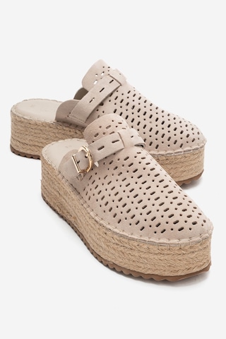 Luvishoes Louıs Bej Süet Hakiki Deri Burnu Kapalı Hasır Dolgu Taban Terlik Bej