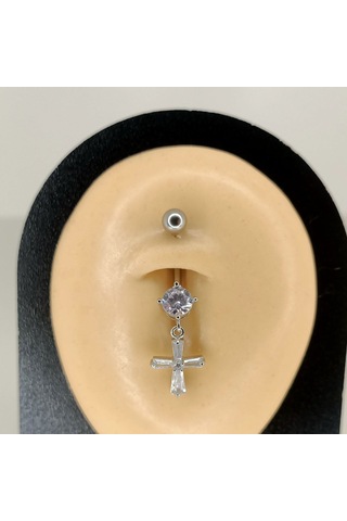 Aya Tasarım Gümüş Renkli Taşlı Haç Figürlü Göbek Piercing Gümüş