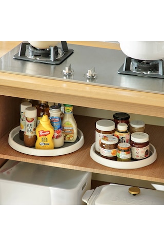 Maiyame 30cm Büyük Boy Beyaz+gri 360 Derece Döner Tepsili Raf, Pp+trp+304 Çelik, Kaymaz Önlü, Mutfak Baharat/şekerlik İçin Beyaz